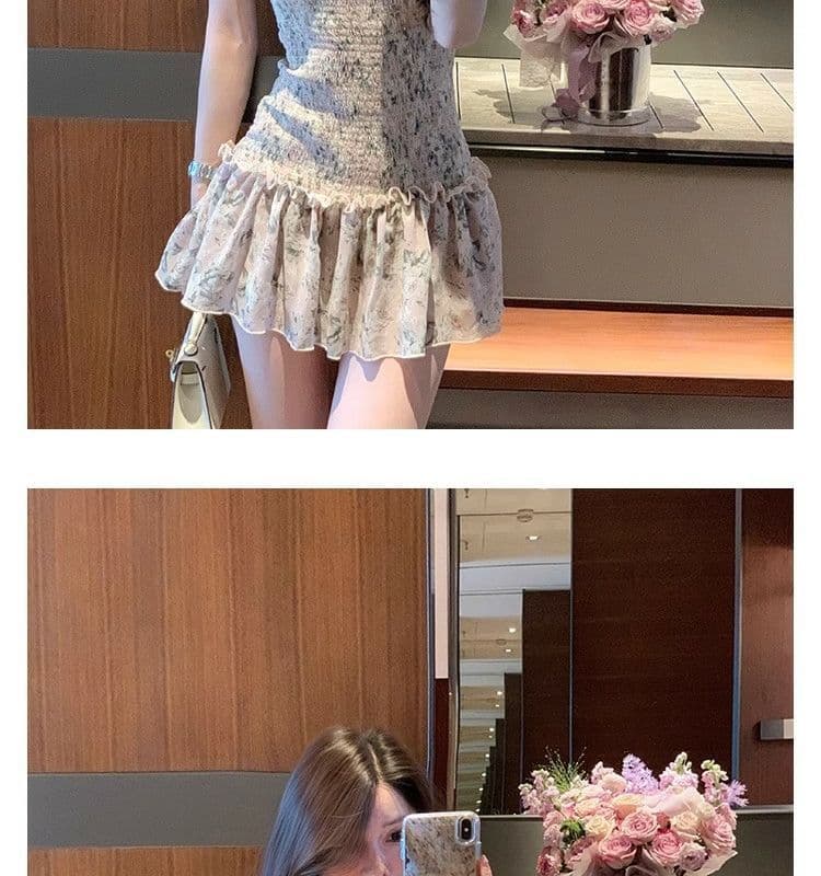 오프숄더 레트로 꽃무늬 민소매 여성 드레스 여름 프릴 몸매 가꾸기 치마 핫걸 허리 수축 한 마디 미니 스커트 상세 이미지 11
