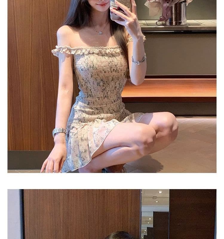 오프숄더 레트로 꽃무늬 민소매 여성 드레스 여름 프릴 몸매 가꾸기 치마 핫걸 허리 수축 한 마디 미니 스커트 상세 이미지 12