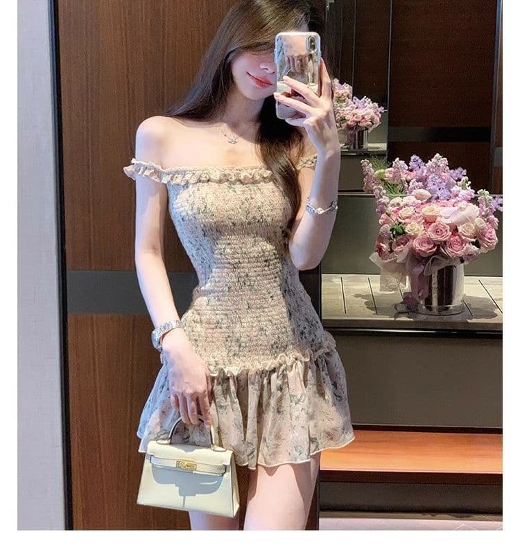 오프숄더 레트로 꽃무늬 민소매 여성 드레스 여름 프릴 몸매 가꾸기 치마 핫걸 허리 수축 한 마디 미니 스커트 상세 이미지 13
