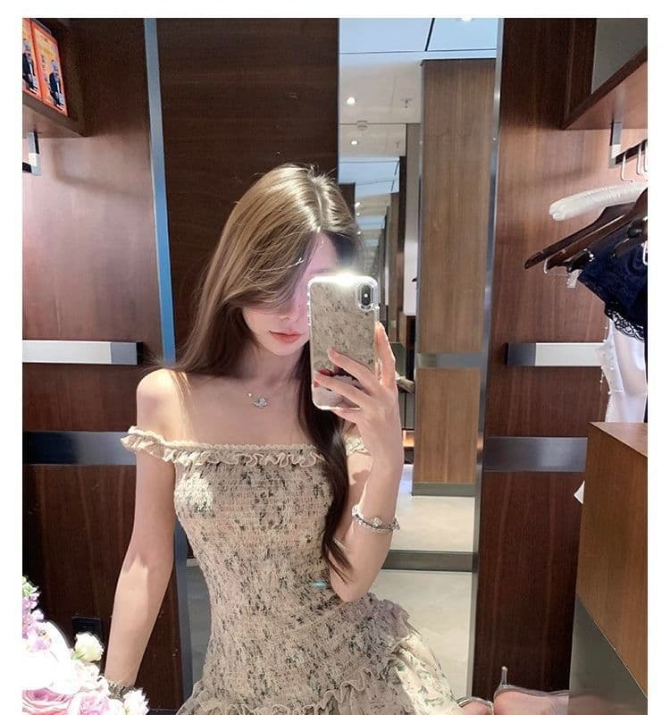 오프숄더 레트로 꽃무늬 민소매 여성 드레스 여름 프릴 몸매 가꾸기 치마 핫걸 허리 수축 한 마디 미니 스커트 상세 이미지 14