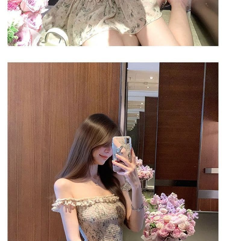 오프숄더 레트로 꽃무늬 민소매 여성 드레스 여름 프릴 몸매 가꾸기 치마 핫걸 허리 수축 한 마디 미니 스커트 상세 이미지 15