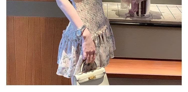 오프숄더 레트로 꽃무늬 민소매 여성 드레스 여름 프릴 몸매 가꾸기 치마 핫걸 허리 수축 한 마디 미니 스커트 상세 이미지 16