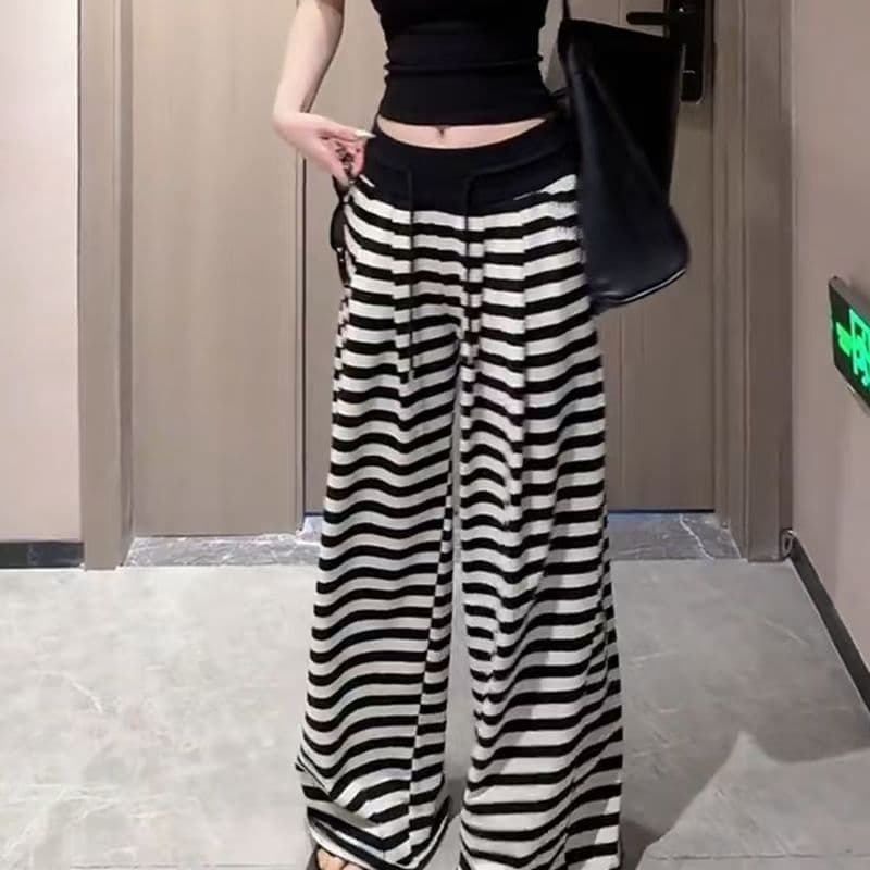 흑백 줄무늬 와이드 레깅스 바지 핫걸 작은 키 캐주얼 하이웨이스트 여름 루즈핏 느긋한 스트레이트 바닥 청소 바지 상세 이미지 3