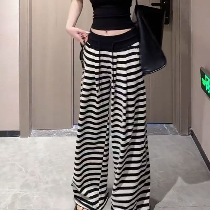 흑백 줄무늬 와이드 레깅스 바지 핫걸 작은 키 캐주얼 하이웨이스트 여름 루즈핏 느긋한 스트레이트 바닥 청소 바지 상세 이미지 6