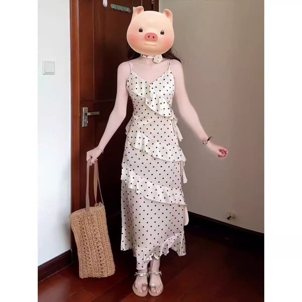 경기 꽃 학원 스타일 도트 무늬 슬립 여성 드레스 여름 허리 수축 슬림해 보이는 프랑스식 프릴 롱 스커트 이미지 4