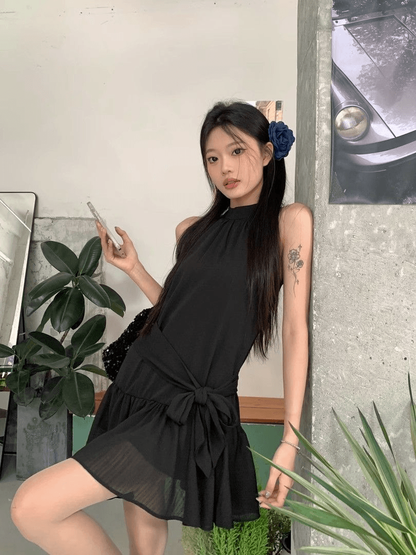 2026 캐주얼 바람 슈퍼 잘 생긴 프릴 파란색 미니 스커트 라운드 넥 디자인 풀오버 단색 봄 여름 섹션 한 마디 미니 스커트 상세 이미지 8