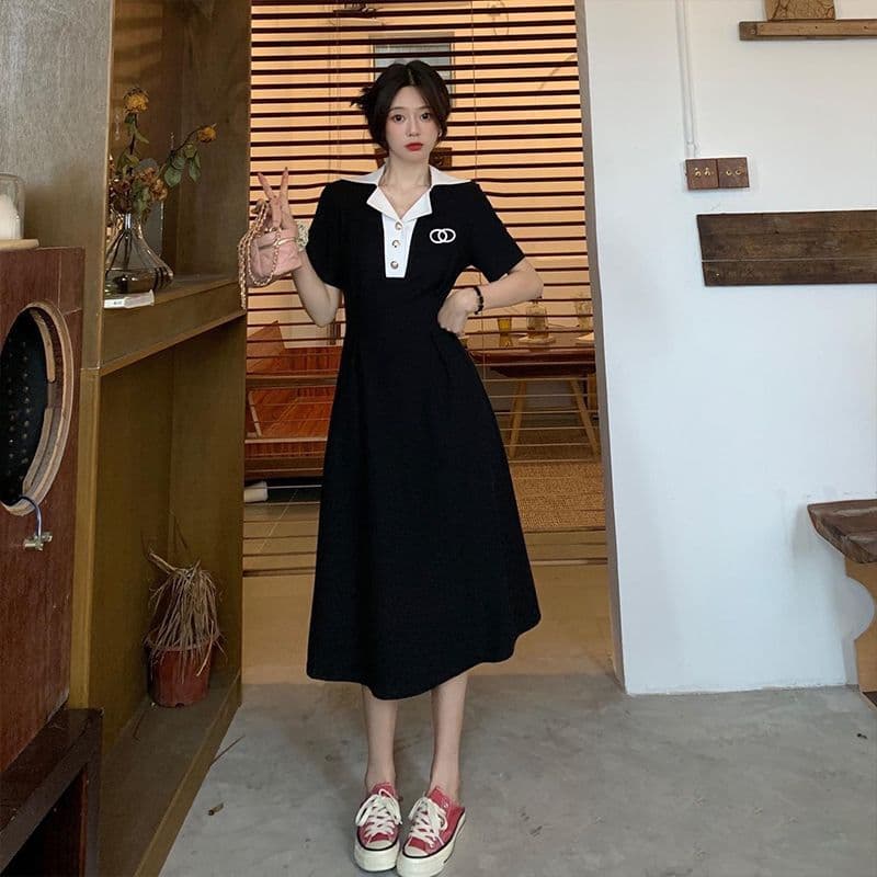 학원 스타일 디자인 센스 작은 대중 검정색 치마 아이들 여름 빅 사이즈 마이크로 지방 표지 배 허리 수축 슬림해 보이는 드레스 상세 이미지 2