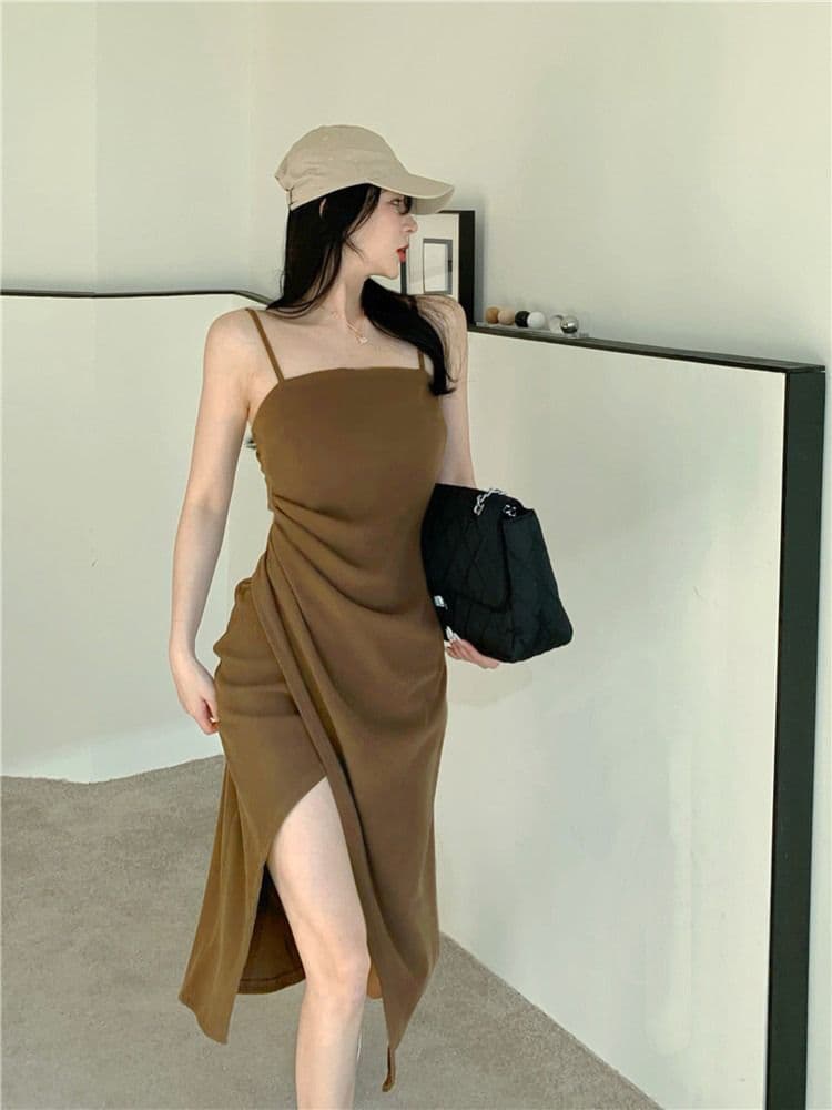 2026 새로운 여름 둘 색상 슬립 트임 주름 드레스 새로운 순수한 욕망 바람 빛 요리 한 품격 중 롱 스커트 여성 상세 이미지 4