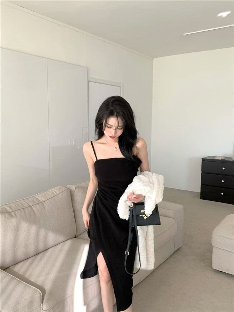 2026 새로운 여름 둘 색상 슬립 트임 주름 드레스 새로운 순수한 욕망 바람 빛 요리 한 품격 중 롱 스커트 여성 상세 이미지 6