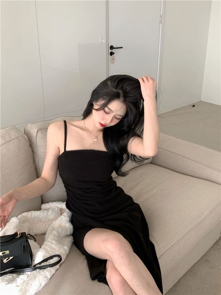 2026 새로운 여름 둘 색상 슬립 트임 주름 드레스 새로운 순수한 욕망 바람 빛 요리 한 품격 중 롱 스커트 여성 상세 이미지 9