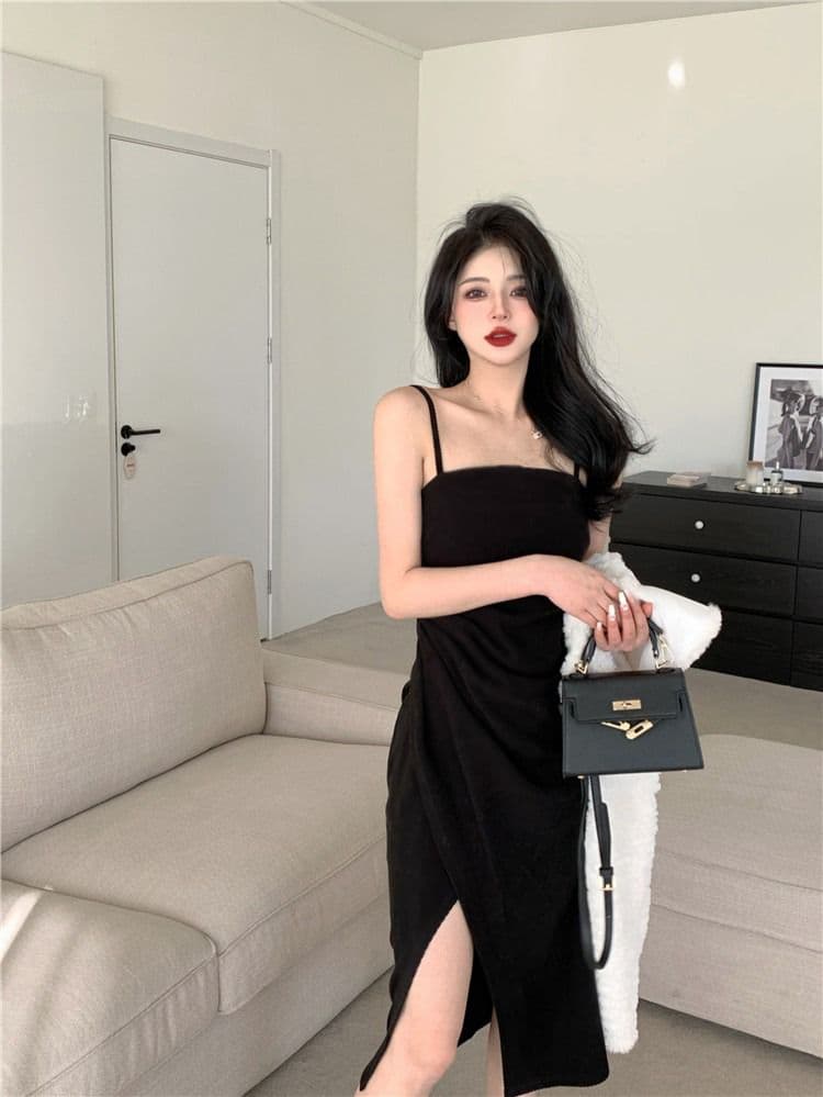 2026 새로운 여름 둘 색상 슬립 트임 주름 드레스 새로운 순수한 욕망 바람 빛 요리 한 품격 중 롱 스커트 여성 상세 이미지 12