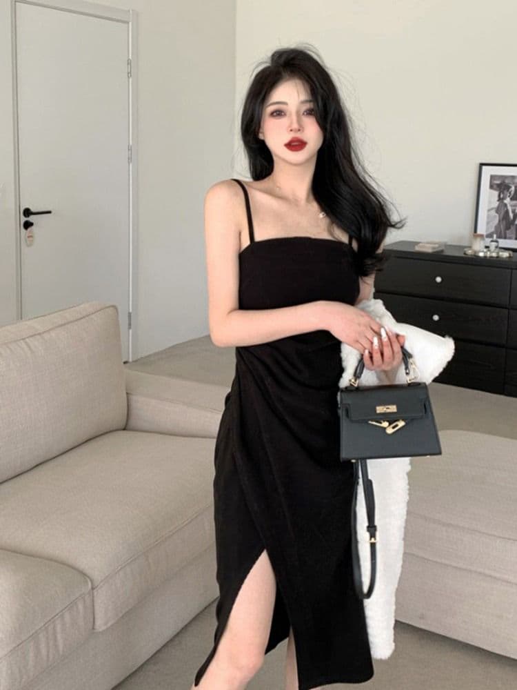 2026 새로운 여름 둘 색상 슬립 트임 주름 드레스 새로운 순수한 욕망 바람 빛 요리 한 품격 중 롱 스커트 여성 상세 이미지 14