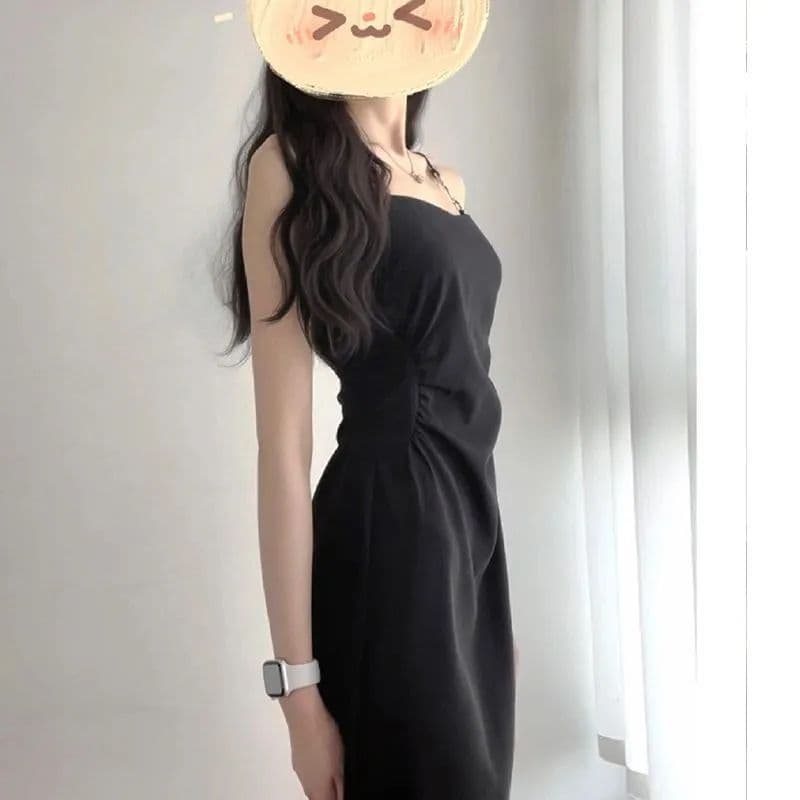 프랑스식 검정색 슬립 점프 슈트 치마 새로운 몸매 가꾸기 허리 수축 슬림해 보이는 롱 스커트 작은 대중 디자인 센스 주름 작은 검은 드레스 상세 이미지 2