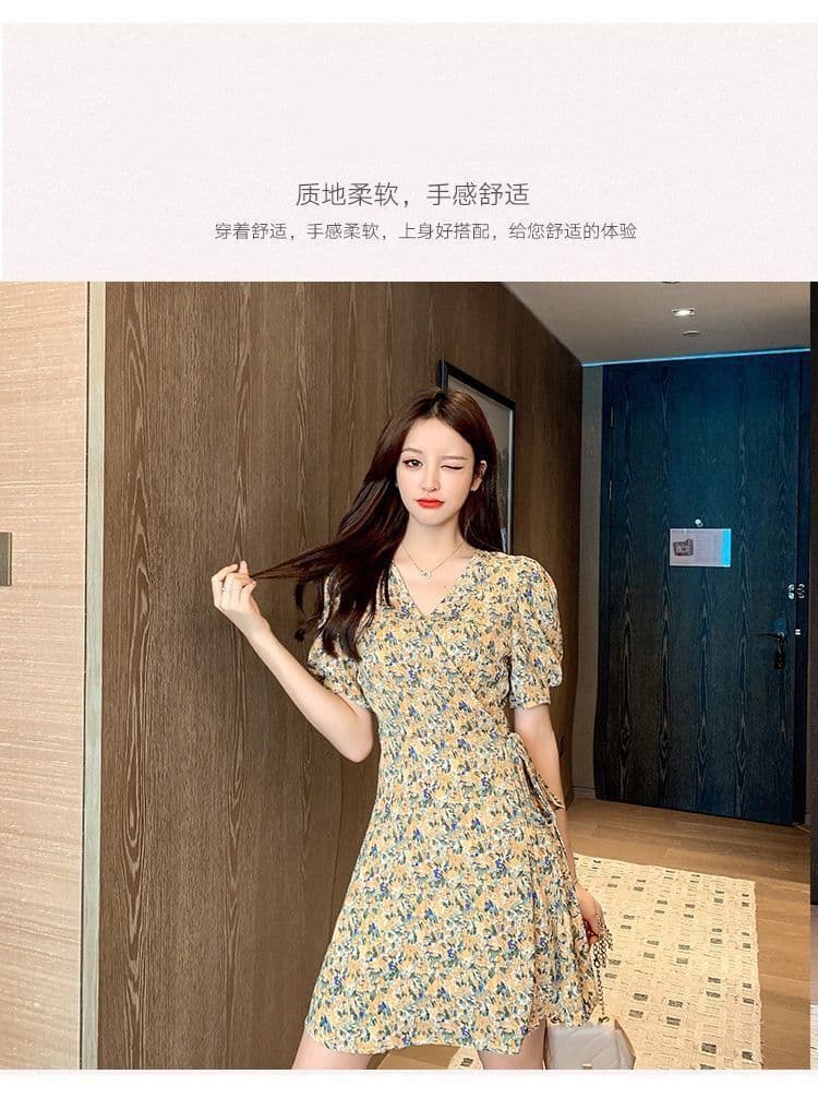 2026 여름 새로운 슈퍼 요정 센 부서 허리 수축 슬림해 보이는 V넥 꽃무늬 하나 슬라이스 큰 진자 반팔 여성 드레스 ins 상세 이미지 12