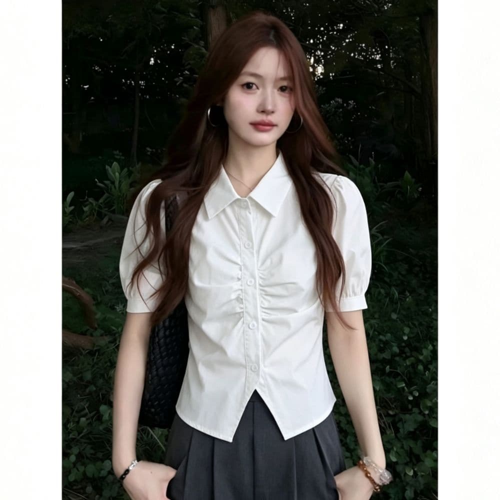 학원 스타일 주름 화이트 여성 셔츠 여름 새로운 작은 키 거품 소매 반팔 쇼트 스타일 출퇴근 다용도 셔츠