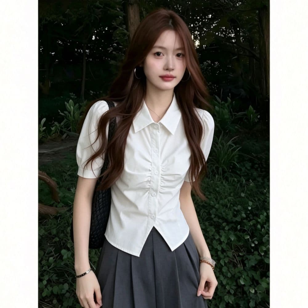 학원 스타일 주름 화이트 여성 셔츠 여름 새로운 작은 키 거품 소매 반팔 쇼트 스타일 출퇴근 다용도 셔츠 이미지 2