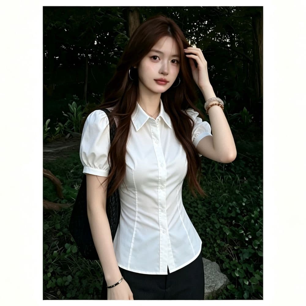 학원 스타일 몸매 가꾸기 화이트 여성 셔츠 여름 작은 키 레이스업 허리 수축 거품 소매 반팔 셔츠 다용도 쇼트 스타일 맨위 이미지 2