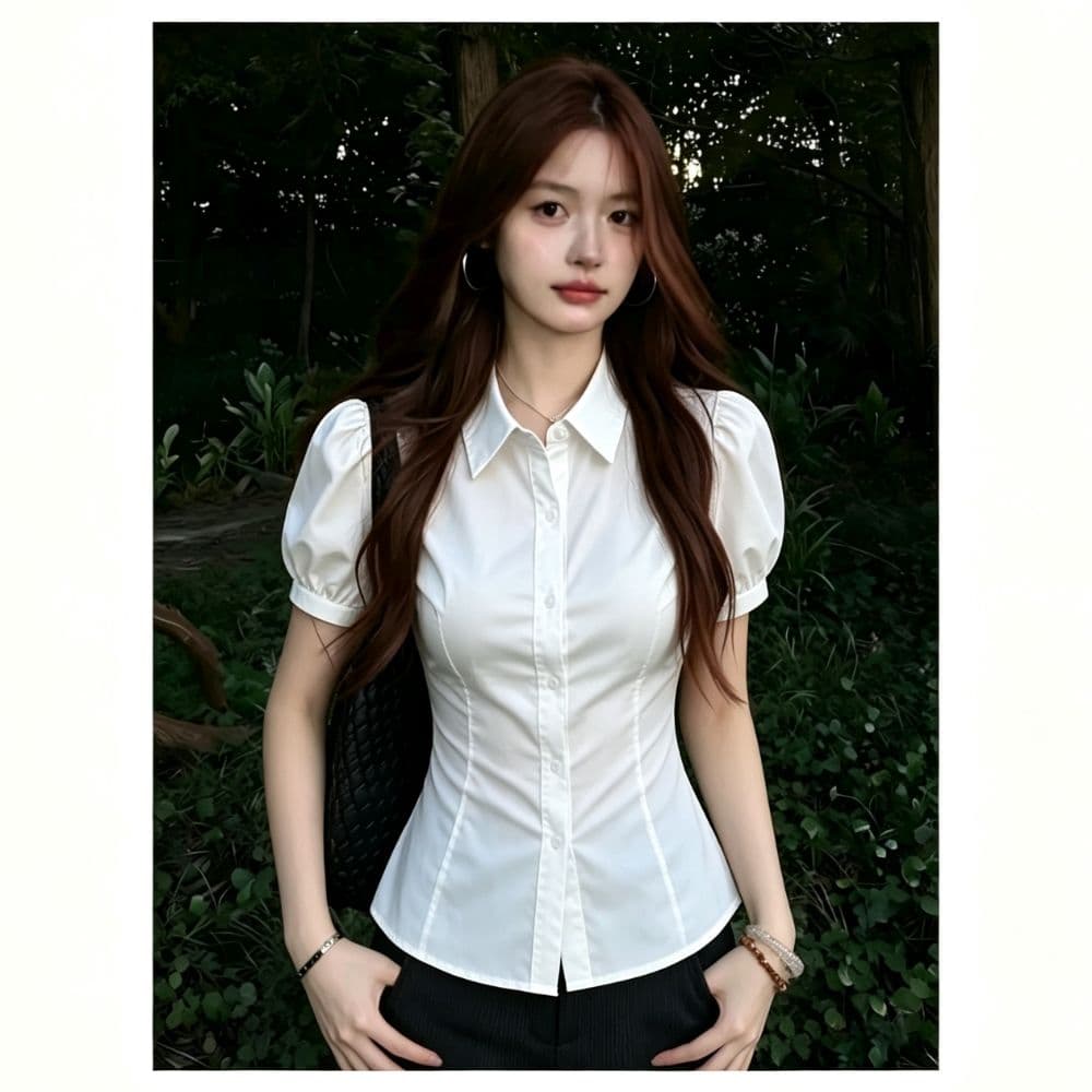 학원 스타일 몸매 가꾸기 화이트 여성 셔츠 여름 작은 키 레이스업 허리 수축 거품 소매 반팔 셔츠 다용도 쇼트 스타일 맨위 상세 이미지 2