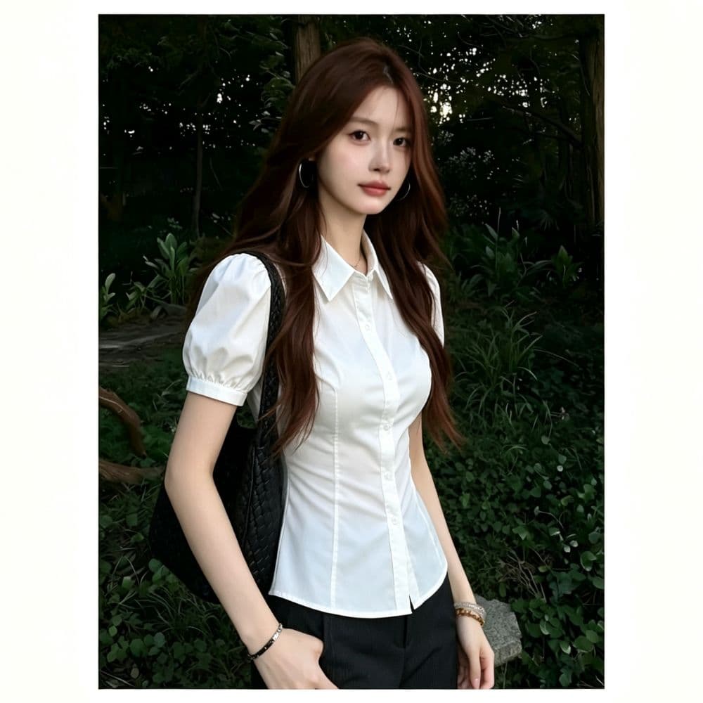 학원 스타일 몸매 가꾸기 화이트 여성 셔츠 여름 작은 키 레이스업 허리 수축 거품 소매 반팔 셔츠 다용도 쇼트 스타일 맨위 상세 이미지 5