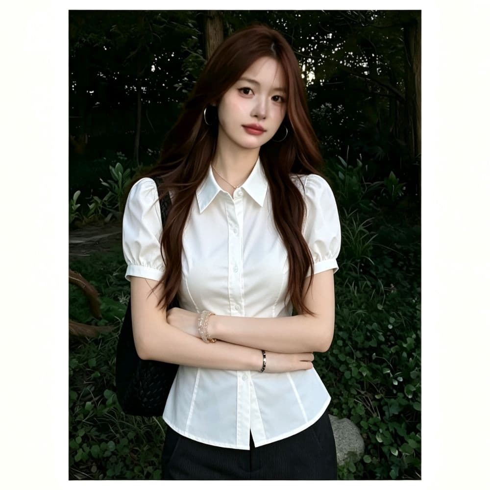 학원 스타일 몸매 가꾸기 화이트 여성 셔츠 여름 작은 키 레이스업 허리 수축 거품 소매 반팔 셔츠 다용도 쇼트 스타일 맨위 상세 이미지 6