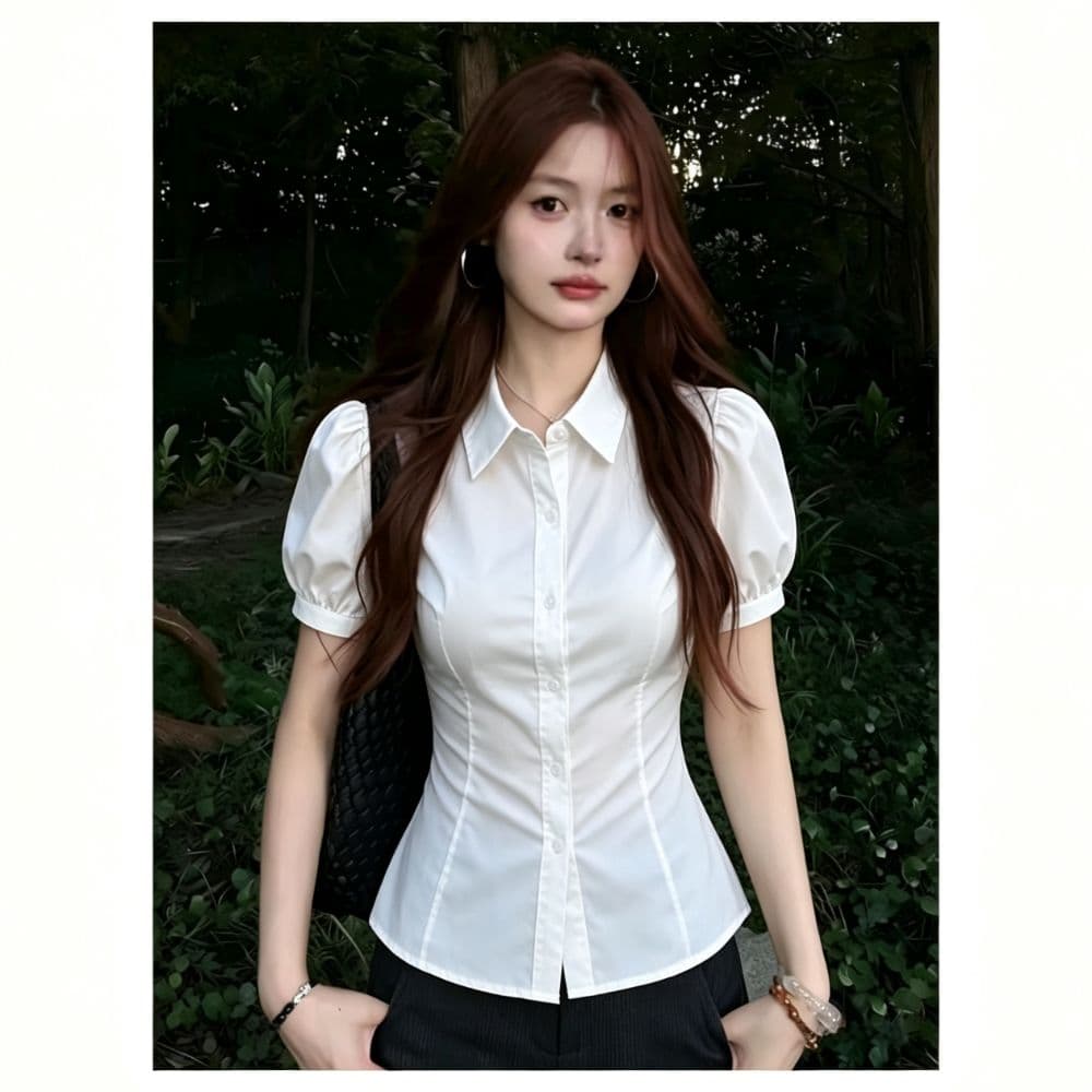 학원 스타일 몸매 가꾸기 화이트 여성 셔츠 여름 작은 키 레이스업 허리 수축 거품 소매 반팔 셔츠 다용도 쇼트 스타일 맨위 상세 이미지 7
