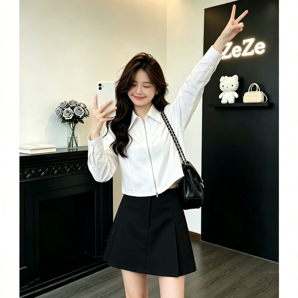 지퍼 쇼트 스타일 화이트 긴팔 여성 셔츠 이른 가을 새로운 한 부서 폴로 칼라 슬림해 보이는 작은 키 다용도 셔츠 맨위 이미지 2