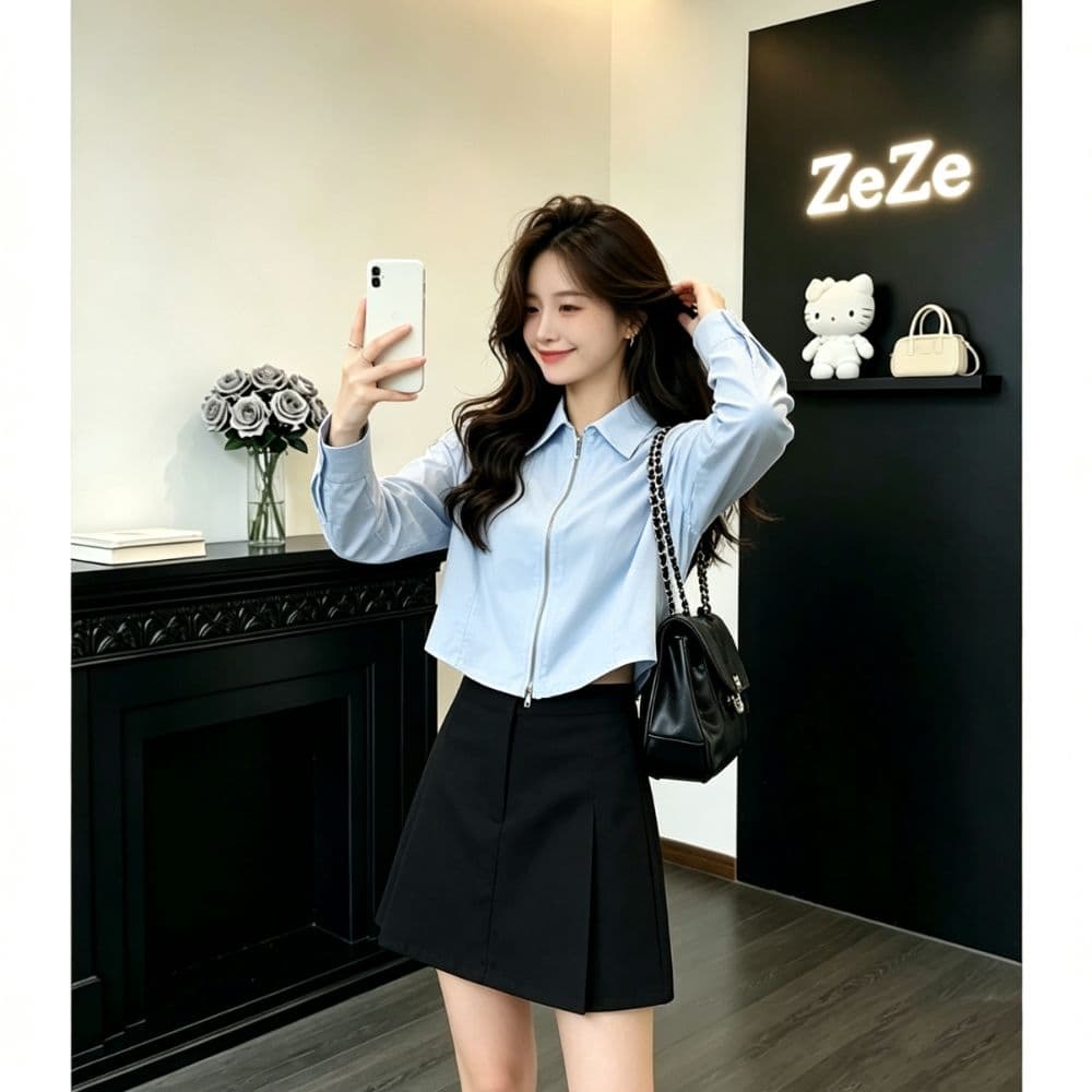 지퍼 쇼트 스타일 화이트 긴팔 여성 셔츠 이른 가을 새로운 한 부서 폴로 칼라 슬림해 보이는 작은 키 다용도 셔츠 맨위 상세 이미지 8