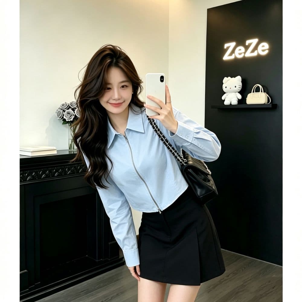 지퍼 쇼트 스타일 화이트 긴팔 여성 셔츠 이른 가을 새로운 한 부서 폴로 칼라 슬림해 보이는 작은 키 다용도 셔츠 맨위 상세 이미지 9