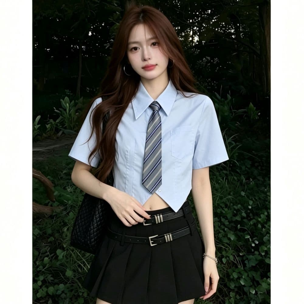 jk 파란색 포인터 코너 쇼트 스타일 반팔 여성 셔츠 여름 학원 스타일 허리 수축 슬림해 보이는 폴로 칼라 주머니 경기 넥타이 셔츠 이미지 3