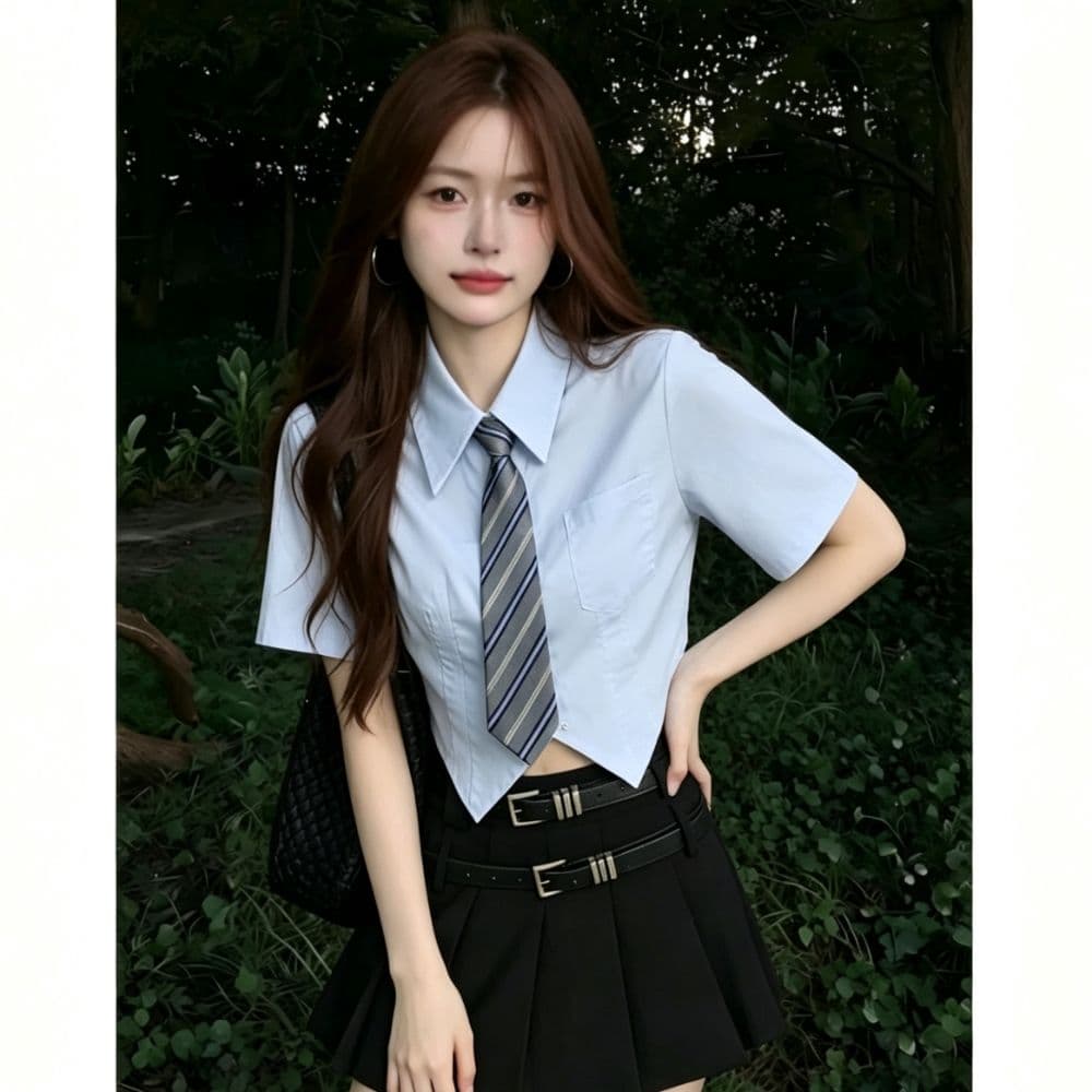 jk 파란색 포인터 코너 쇼트 스타일 반팔 여성 셔츠 여름 학원 스타일 허리 수축 슬림해 보이는 폴로 칼라 주머니 경기 넥타이 셔츠
