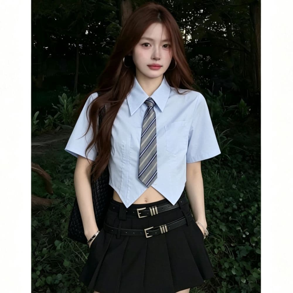 jk 파란색 포인터 코너 쇼트 스타일 반팔 여성 셔츠 여름 학원 스타일 허리 수축 슬림해 보이는 폴로 칼라 주머니 경기 넥타이 셔츠 상세 이미지 2