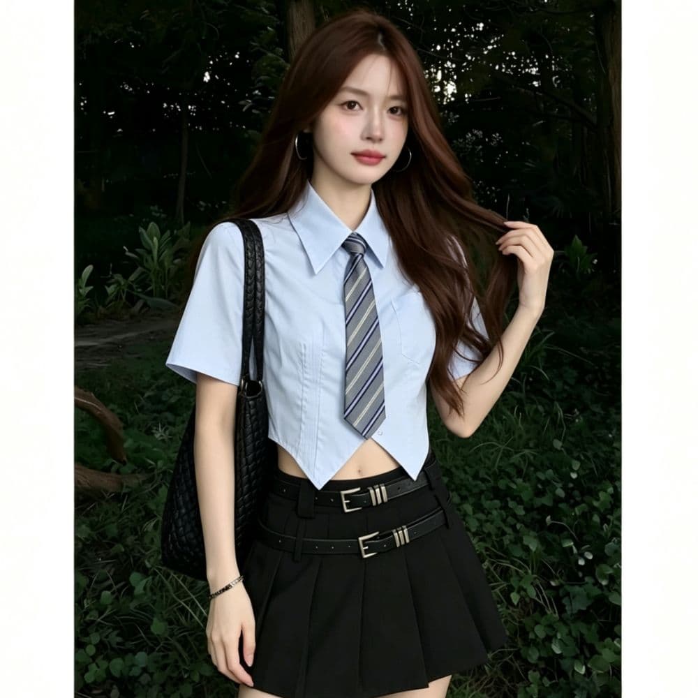 jk 파란색 포인터 코너 쇼트 스타일 반팔 여성 셔츠 여름 학원 스타일 허리 수축 슬림해 보이는 폴로 칼라 주머니 경기 넥타이 셔츠 상세 이미지 5