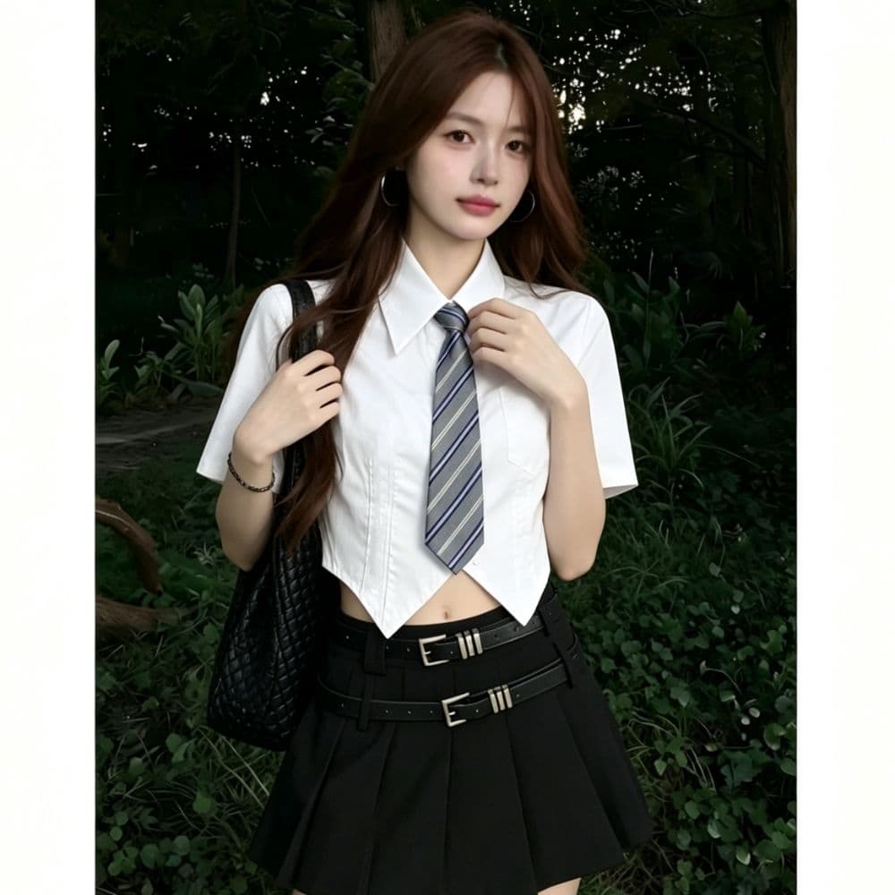 jk 파란색 포인터 코너 쇼트 스타일 반팔 여성 셔츠 여름 학원 스타일 허리 수축 슬림해 보이는 폴로 칼라 주머니 경기 넥타이 셔츠 상세 이미지 7
