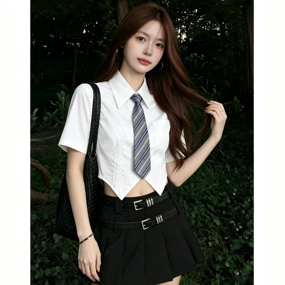 jk 파란색 포인터 코너 쇼트 스타일 반팔 여성 셔츠 여름 학원 스타일 허리 수축 슬림해 보이는 폴로 칼라 주머니 경기 넥타이 셔츠 상세 이미지 8