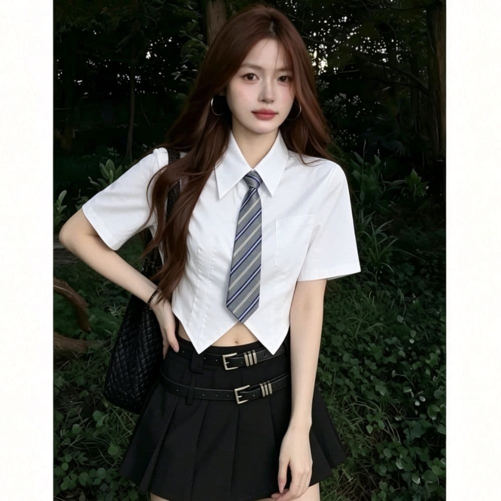 jk 파란색 포인터 코너 쇼트 스타일 반팔 여성 셔츠 여름 학원 스타일 허리 수축 슬림해 보이는 폴로 칼라 주머니 경기 넥타이 셔츠 상세 이미지 9