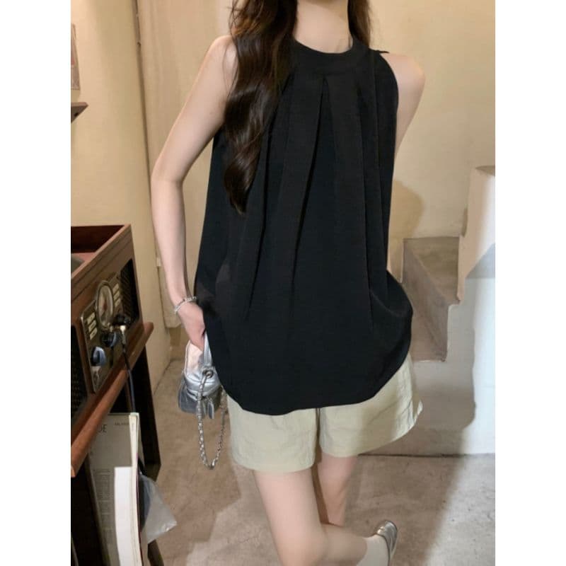 한 부서 감기 행침 목 검정색 민소매 조끼 여성 정면 주름 루즈핏 표지 배 작은 키 출퇴근 다용도 맨위 이미지 3