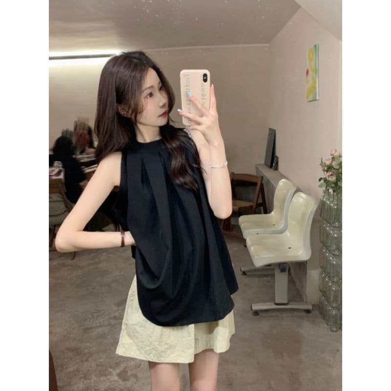 한 부서 감기 행침 목 검정색 민소매 조끼 여성 정면 주름 루즈핏 표지 배 작은 키 출퇴근 다용도 맨위 이미지 4