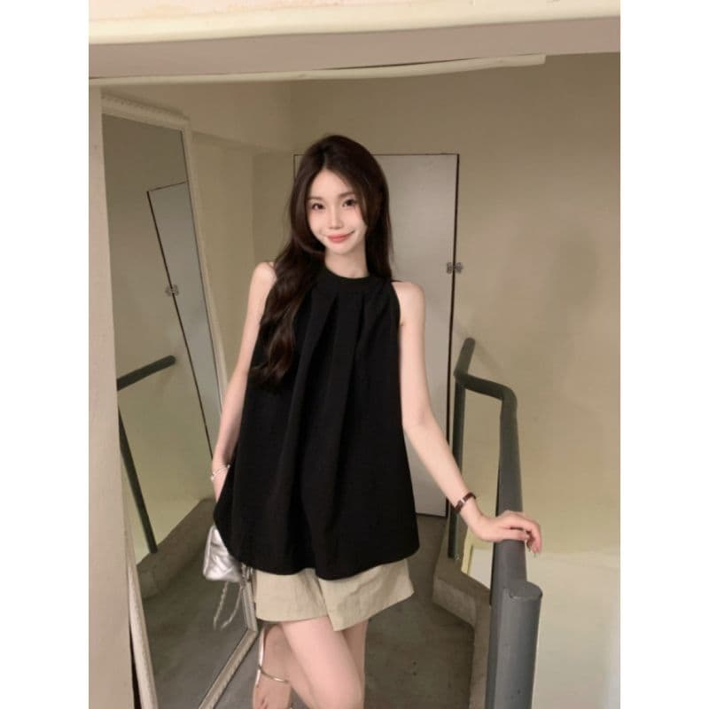 한 부서 감기 행침 목 검정색 민소매 조끼 여성 정면 주름 루즈핏 표지 배 작은 키 출퇴근 다용도 맨위 이미지 2
