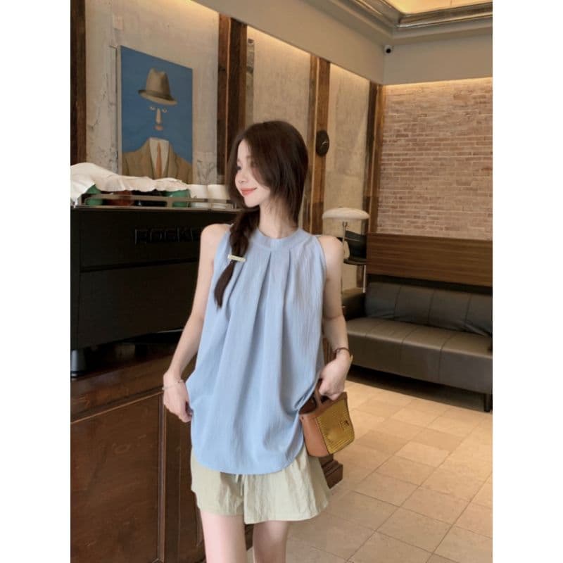 한 부서 감기 행침 목 검정색 민소매 조끼 여성 정면 주름 루즈핏 표지 배 작은 키 출퇴근 다용도 맨위 상세 이미지 2