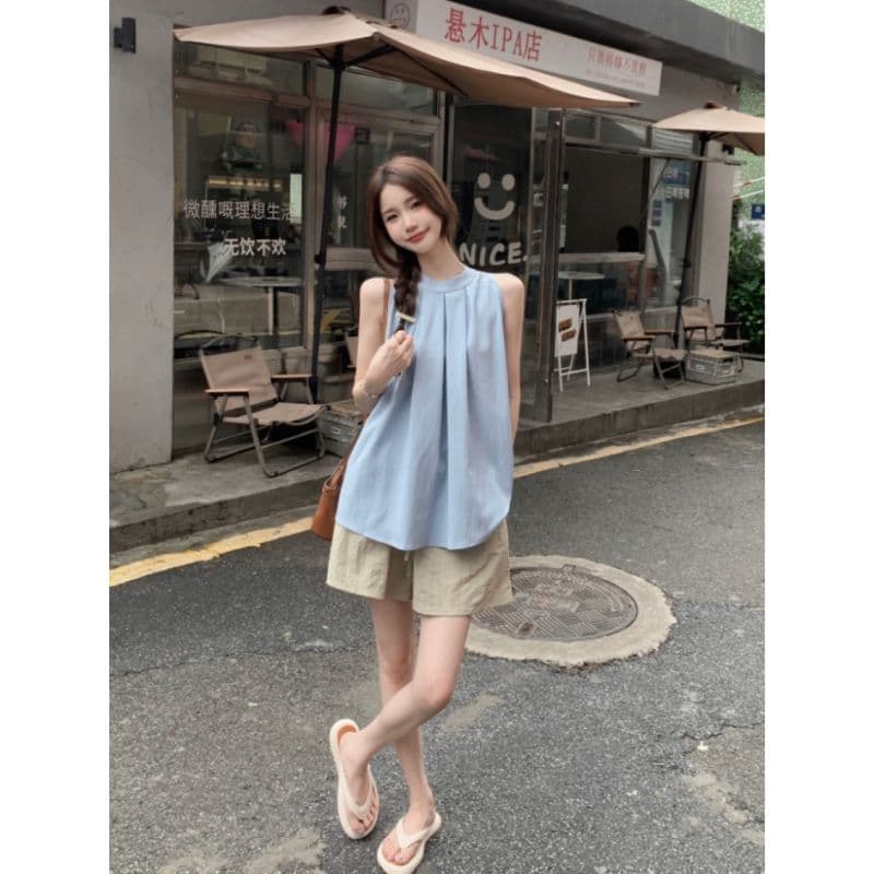 한 부서 감기 행침 목 검정색 민소매 조끼 여성 정면 주름 루즈핏 표지 배 작은 키 출퇴근 다용도 맨위 상세 이미지 3