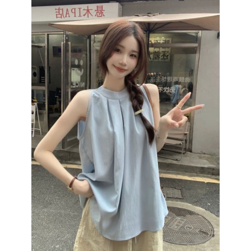한 부서 감기 행침 목 검정색 민소매 조끼 여성 정면 주름 루즈핏 표지 배 작은 키 출퇴근 다용도 맨위 상세 이미지 4