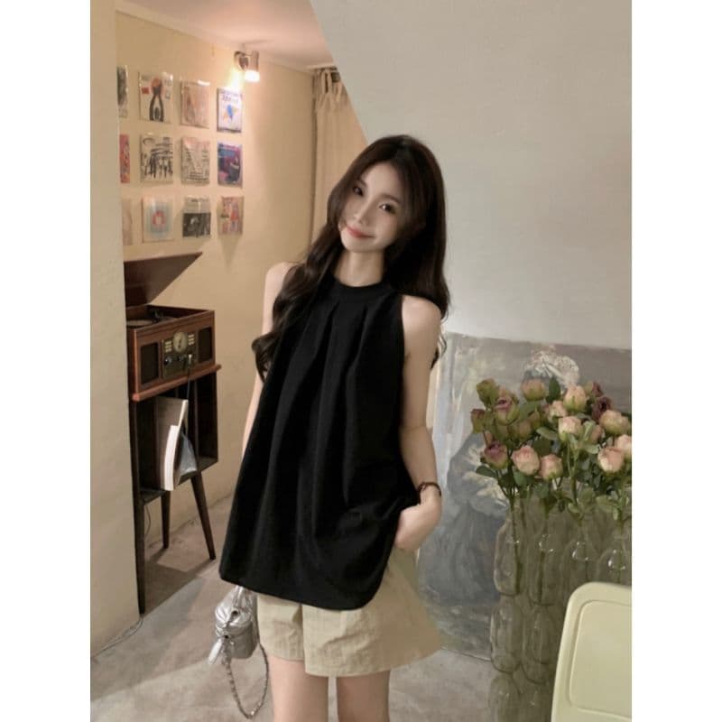 한 부서 감기 행침 목 검정색 민소매 조끼 여성 정면 주름 루즈핏 표지 배 작은 키 출퇴근 다용도 맨위 상세 이미지 11
