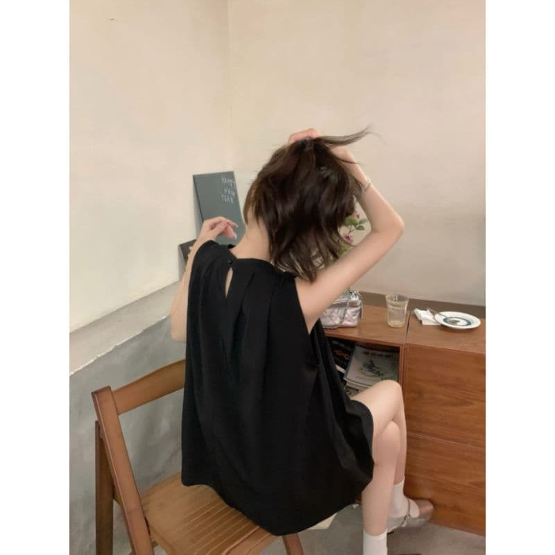 한 부서 감기 행침 목 검정색 민소매 조끼 여성 정면 주름 루즈핏 표지 배 작은 키 출퇴근 다용도 맨위 상세 이미지 12