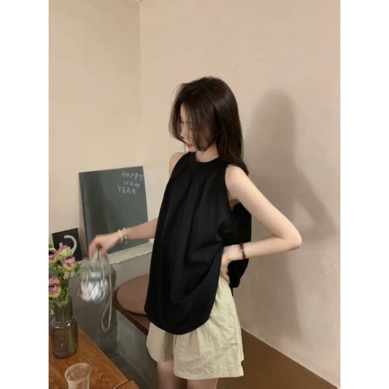 한 부서 감기 행침 목 검정색 민소매 조끼 여성 정면 주름 루즈핏 표지 배 작은 키 출퇴근 다용도 맨위 상세 이미지 13
