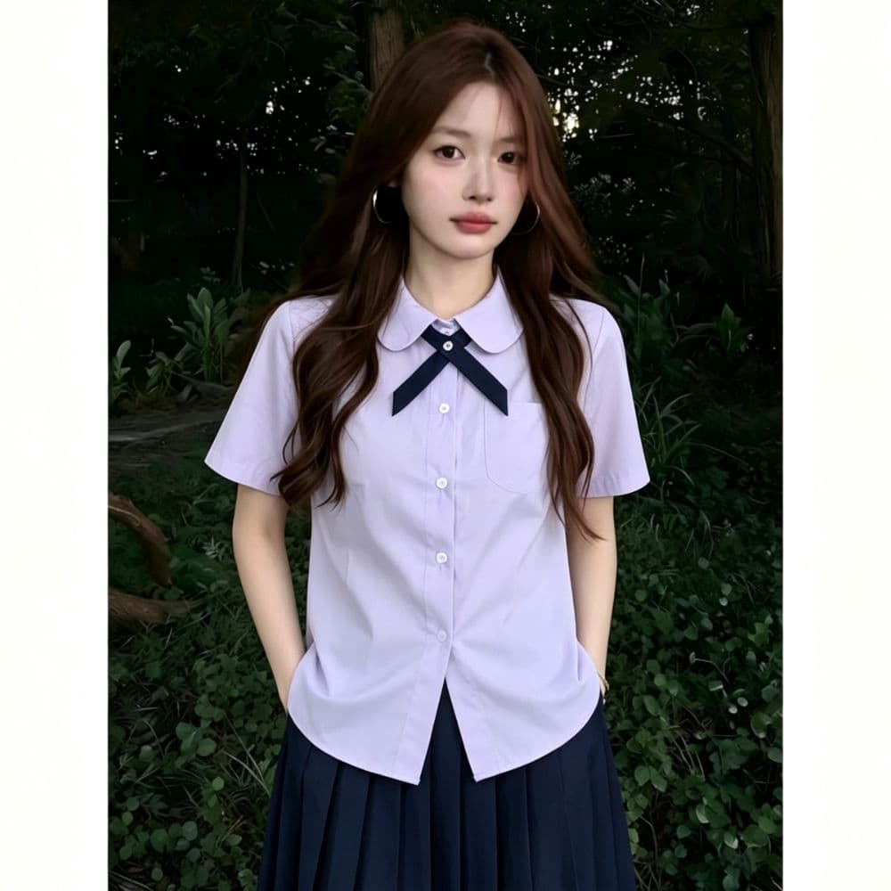 연한 자주색 베이비 칼라 반팔 여성 셔츠 여름 jk 학원 스타일 경기 나비 넥타이 주머니 학생 유니폼 셔츠 맨위 이미지 2