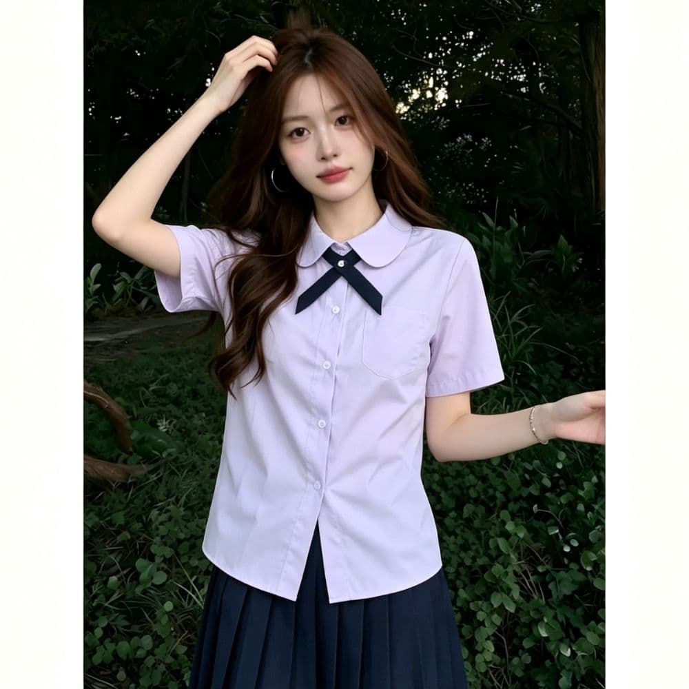 연한 자주색 베이비 칼라 반팔 여성 셔츠 여름 jk 학원 스타일 경기 나비 넥타이 주머니 학생 유니폼 셔츠 맨위