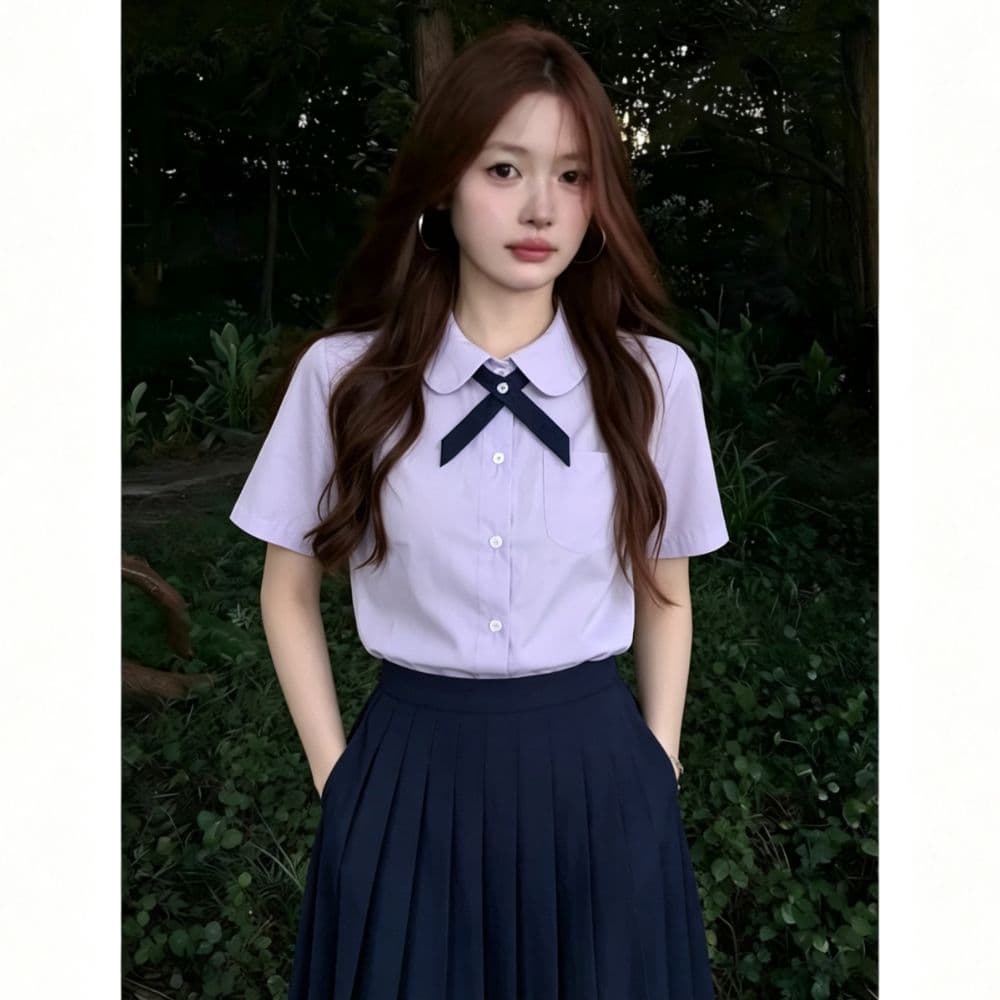 연한 자주색 베이비 칼라 반팔 여성 셔츠 여름 jk 학원 스타일 경기 나비 넥타이 주머니 학생 유니폼 셔츠 맨위 상세 이미지 2
