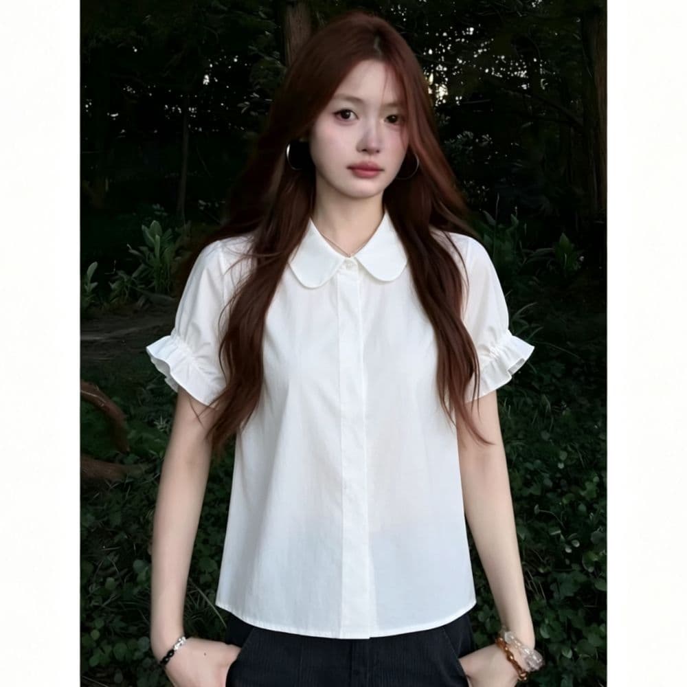 베이비 칼라 프릴 반팔 화이트 여성 셔츠 여름 새로운 품격 쇼트 스타일 부드러운 연령 감소 셔츠 맨위