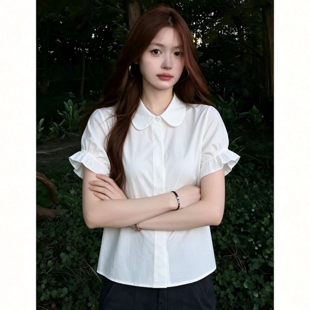 베이비 칼라 프릴 반팔 화이트 여성 셔츠 여름 새로운 품격 쇼트 스타일 부드러운 연령 감소 셔츠 맨위 이미지 2