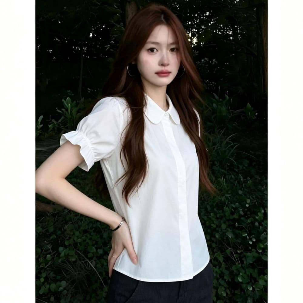 베이비 칼라 프릴 반팔 화이트 여성 셔츠 여름 새로운 품격 쇼트 스타일 부드러운 연령 감소 셔츠 맨위 상세 이미지 3